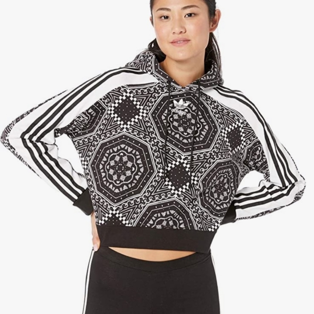Adidas Cropped Sweatshirt Hoodie Kaleidoscope Print Black White Womens Small
